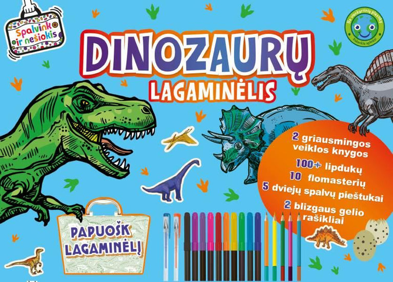 Lagaminėlis Dinozaurų (su flomasterių, dviejų spalvų pieštukais, blizgių gelio rašikliais, lipdukais)