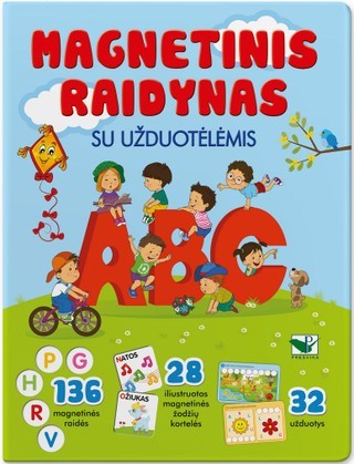 Magnetinis raidynas su užduotėlėmis. 136 raidės, 28 kortelės, 32 užduotys